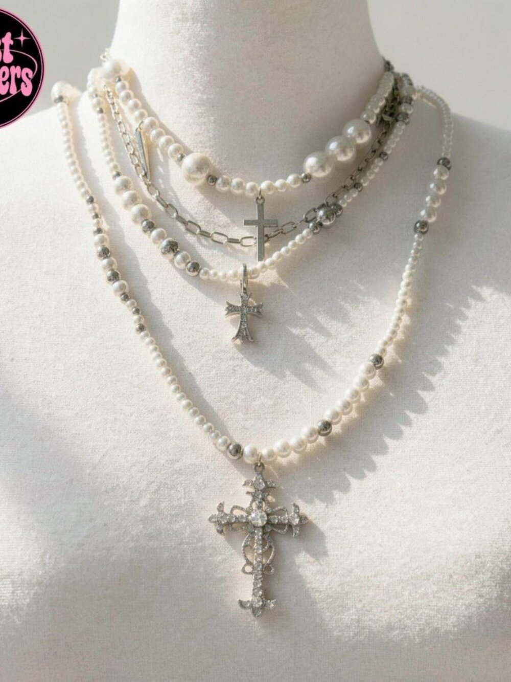 Y2K 2000s style 2 pcs set white pearl cross necklace